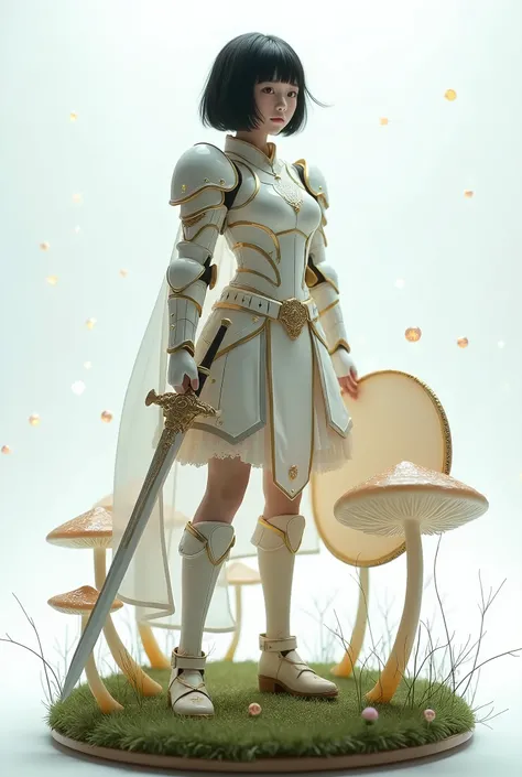 live-action、 real、Vignette、 round base of wild grass 、A few waist-length glass mushrooms、 Very Beautiful Japanese High School Girl Wearing White Armor、 black hair、 shortcut 、Patsun、 Mushroom Shield 、Mushroom Sword 、Glowing spores dance 、Glowing Mushrooms 、...