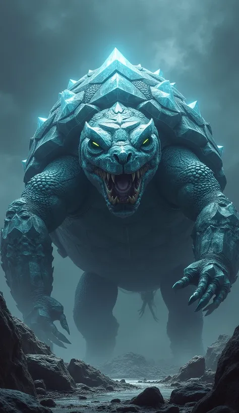 Create a hybrid creature that combines the features of a massive turtle and a diamond into a single, seamless entity. The creature should have a colossal shell made of jagged, diamond-like facets that gleam with sharp, dangerous light. Its body should be a...