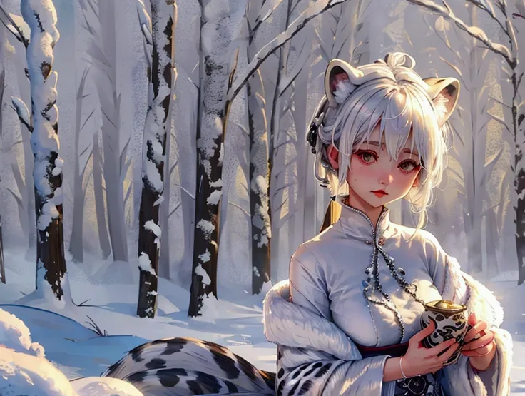 female, white hair, snow leopard ears and tails