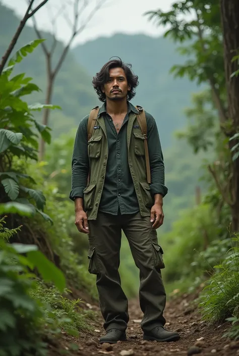 Make me an AI image of male indonesian adventurous environment activist, full body with stand pose, with midlength curly waving hair and humble malay handsome face, realistic tone