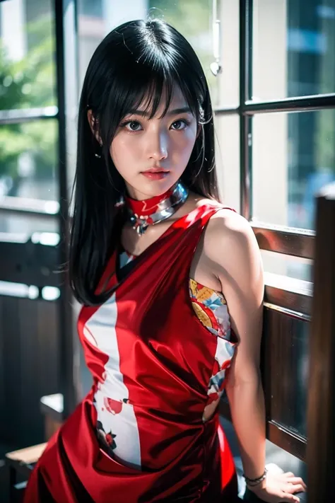 high-resolution image in 8K quality,beautiful 20 year old Japanese girl with black hair, short red dress, full body shot,ltaken with Sony Alpha a9 II and Sony FE 200-600mm f/5.6-6.3 G OSS lens, natural light, hyper-realistic photo, ultra detailed, wide sho...