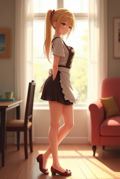 High Resolution, Accurate, Anatomically Corret, Best Quality, High Details, Super Detailed, Textured Skin, UHD, realistic, super beautiful CG, 

1girl, Blonde Hair, Charming smile, Shiny Clothes, Shiny Hair, 

apron, Tachi-e, Full Body, Standing, highheels...