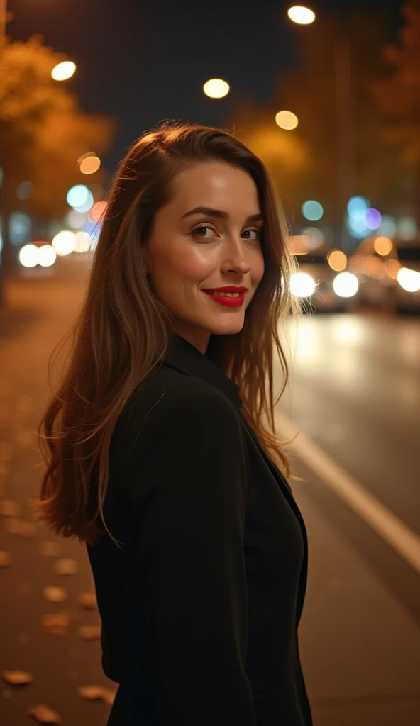 Portrait of a beautiful, pretty woman, around 25 years old, in the city at night, autumn 1952. She has long hair, a soft smile and looks back at us, and her red lipstick is striking. There are cars of the time on the road, their headlights illuminating the...