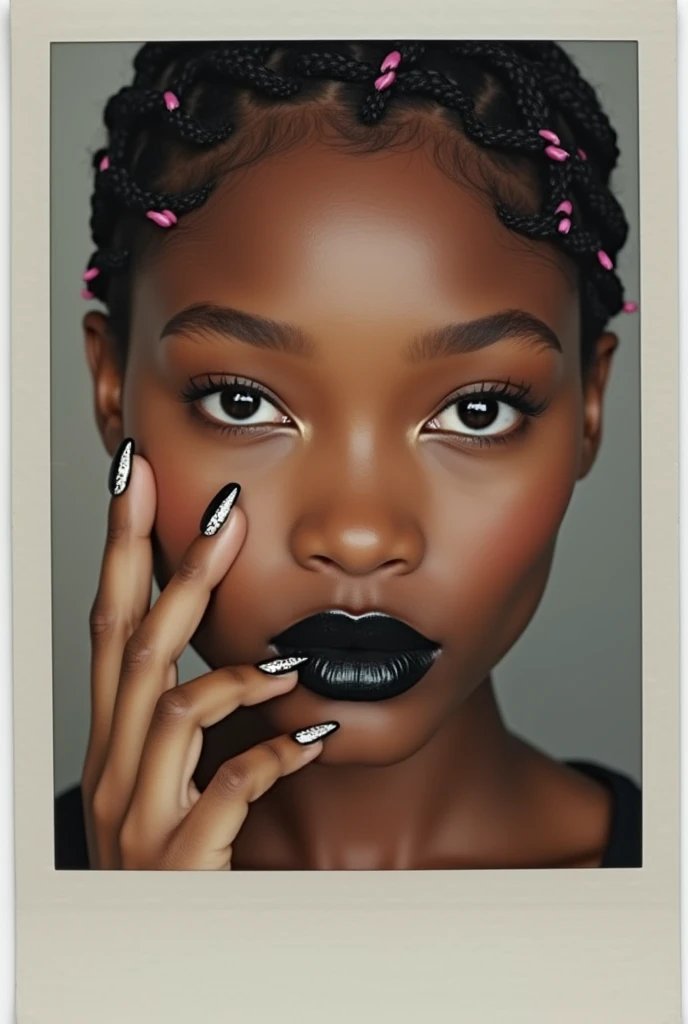 V6, Realistic Polaroid photo, face picture selfie, high definition, Beautiful Caucasian with Ebony mix race, black lipstick, black and white tip fingernails, pink short finger waves similar corn row hairstyle,