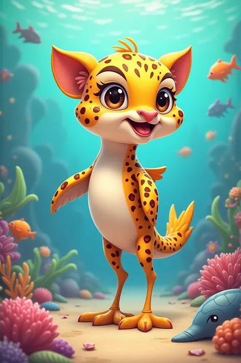 Make cute and funny cartoon with bird face and dolphine body  with leopard print