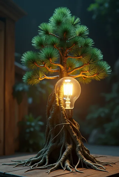 Araucaria pine inside a lamp and roots coming out of the bulb