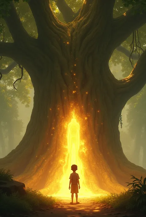 
Description: A mystical glow surrounds the tree, emanating from the roots and branches. The air is charged with magic, and Aarav is surprised as golden light forms around him. A faint, glowing figure appears in the air, symbolizing the trees spirit, speak...