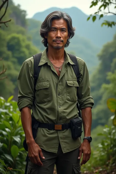 Make me an AI image of male indonesian adventurous environment activist, full body with stand pose, with midlength curly waving hair and humble malay handsome clean face, realistic tone