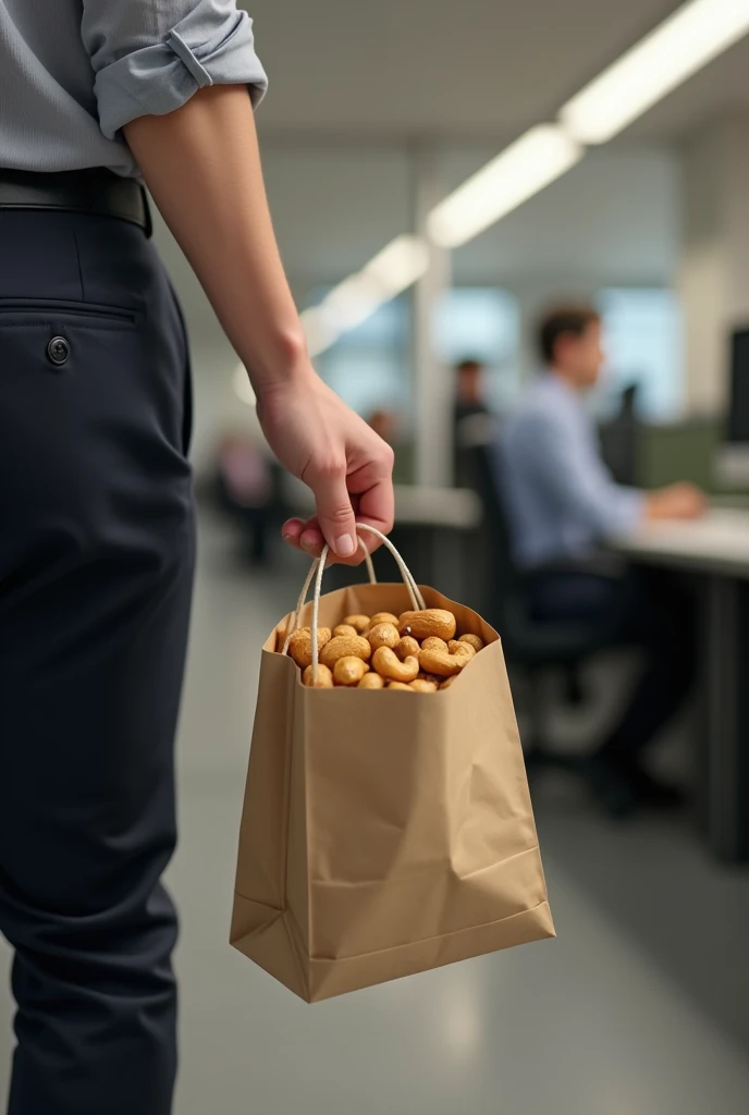 An employee at work carries a small paper bag of cashew nuts