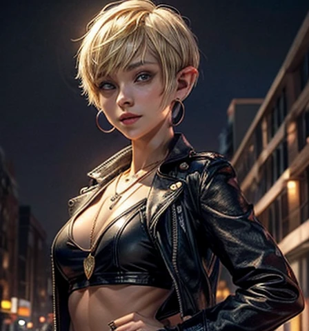 An extremely tiny, thin, petitie, extremely young-looking, teenage female, with extremely fair skin, upper body shot, extremely huge breasts, (((pixie-cut blonde hair))), smile, light eyes, eyeliner, large hoop earrings, open leather jacket, necklace with ...