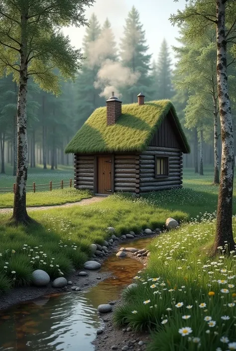  a small wooden chimney house has smoke , on the edge of the forest with a fence made of thin birch trunks ,  and a stream runs along the caretaker from which white deer drinks, the meadow is dotted with daisies , 