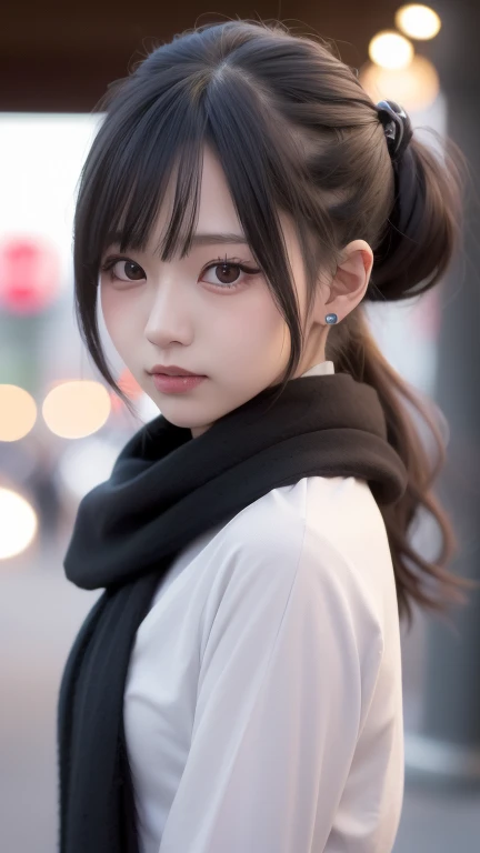  long hair ponytail ,A big ribbon in her hair,(8k,  RAW Photos,  best quality, Must-have items:1.2), (reality, Realistic:1.4), (Highly detailed 8k wallpaper),  sharp concentration,  border depth written ,  Movie Lighting, Soft light, Detailed beauty eyes, ...