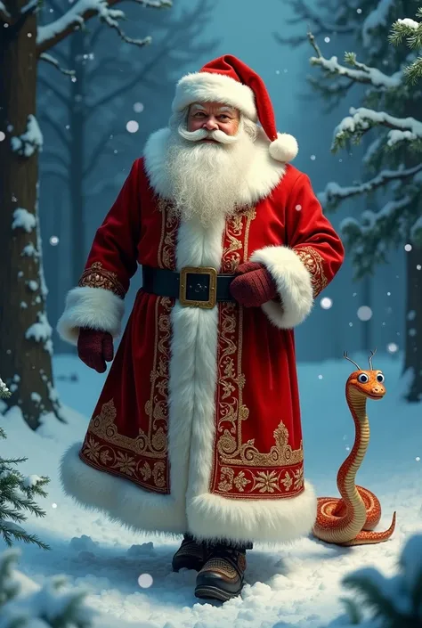 A magical New Years scene: Santa Claus in a luxurious red coat with golden embroidery, wearing a fluffy white beard and a traditional hat, walking through a snowy forest at night. Snowflakes shimmer in the moonlight, and beside him, a small, adorable snake...