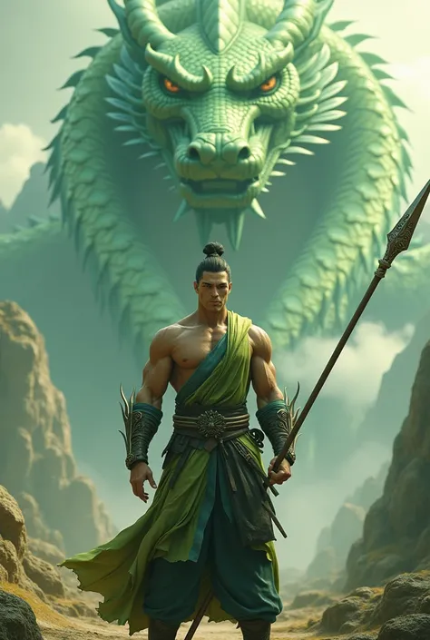 Cool 3D Animation Man holding spear. With Chinese green dragon behind. 