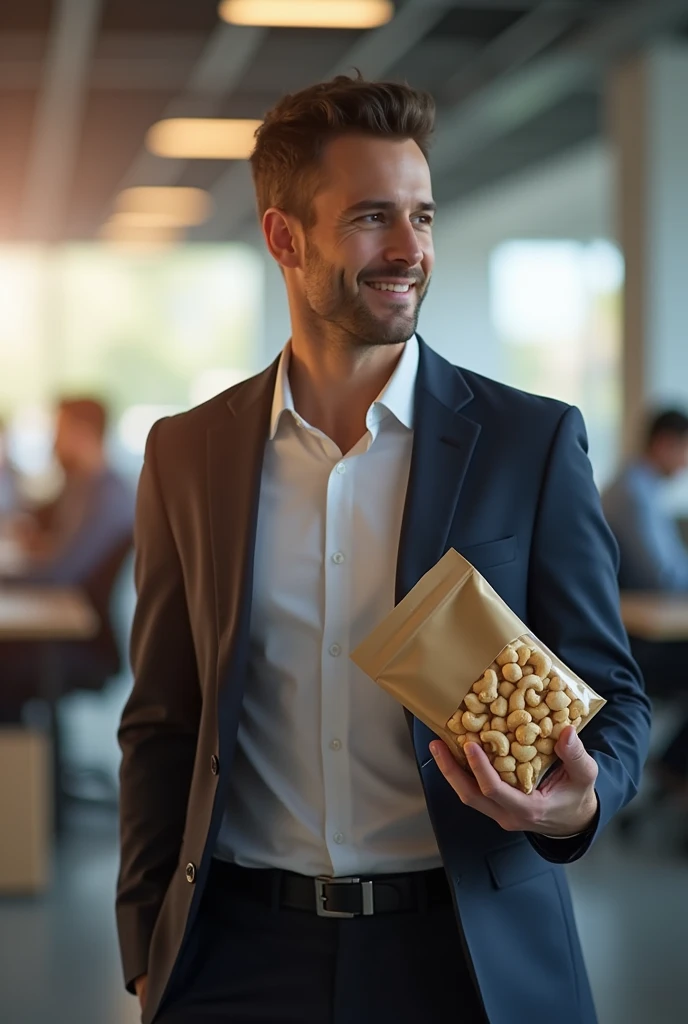 An employee at work carries a small bag of cashew nuts