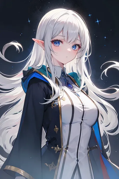 (masterpiece, highest quality:1.2), highest quality, masterpiece, high resolution, Anime style, portraiture, female, feminine, long hair, Silver hair, platinum blond hair, dark elf, uniform, oversized coat, disporoportionate cloak, dark blue eye, magic, ma...