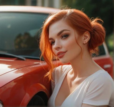 Redhead girl in a red car