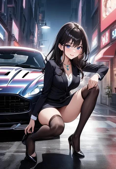  best quality、Ultra-precision、Detailed drawing、 vibrant colors、Beautiful girl 、alone、Age 30、Accurate facial depiction、Night road、Blue streetlight 、Aston Martin DB11、 leaning against the hood、 black business suit 、 miniskirt that snaps around the knee、 high...