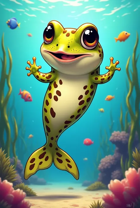 Make cute and funny cartoon with frog face and dolphine body  with leopard print .. make it like sea animal 