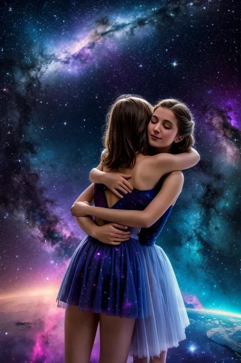 1 fille dans, ballerine de 19 ans , hugging each other from above view, a girl whispering into a girls, ear from behind, in the background a multi-colored stunning nebula mist galactical sci-fi style de film environment deep in the universe with stars refl...