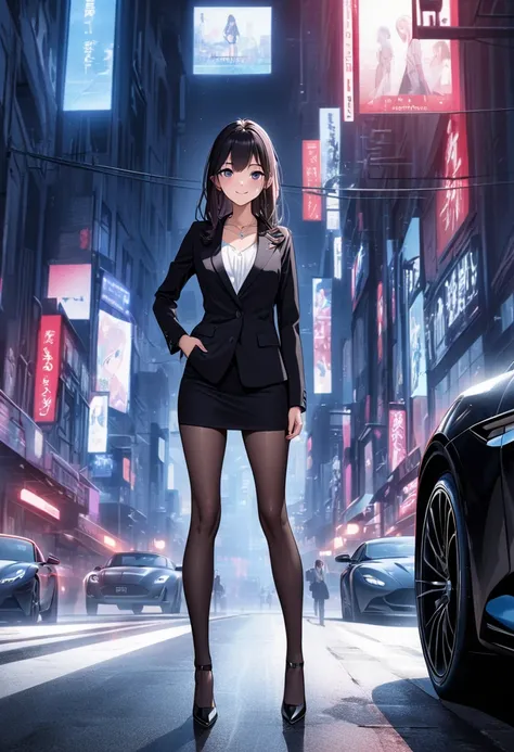  best quality、Ultra-precision、Detailed drawing、 vibrant colors、Beautiful girl 、alone、Age 30、Accurate facial depiction、Night road、Blue streetlight 、white Aston Martin DB11、Lean on the hood、 black business suit 、 miniskirt that snaps around the knee、 high he...