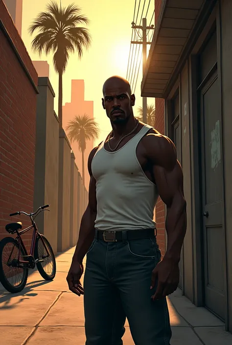 A black man with a shaved head and white tank top standing in an alleyway at sunset, with a bicycle leaning against a wall. The walls are made of brick and concrete, and there are palm trees and buildings visible in the distance. The overall atmosphere is ...