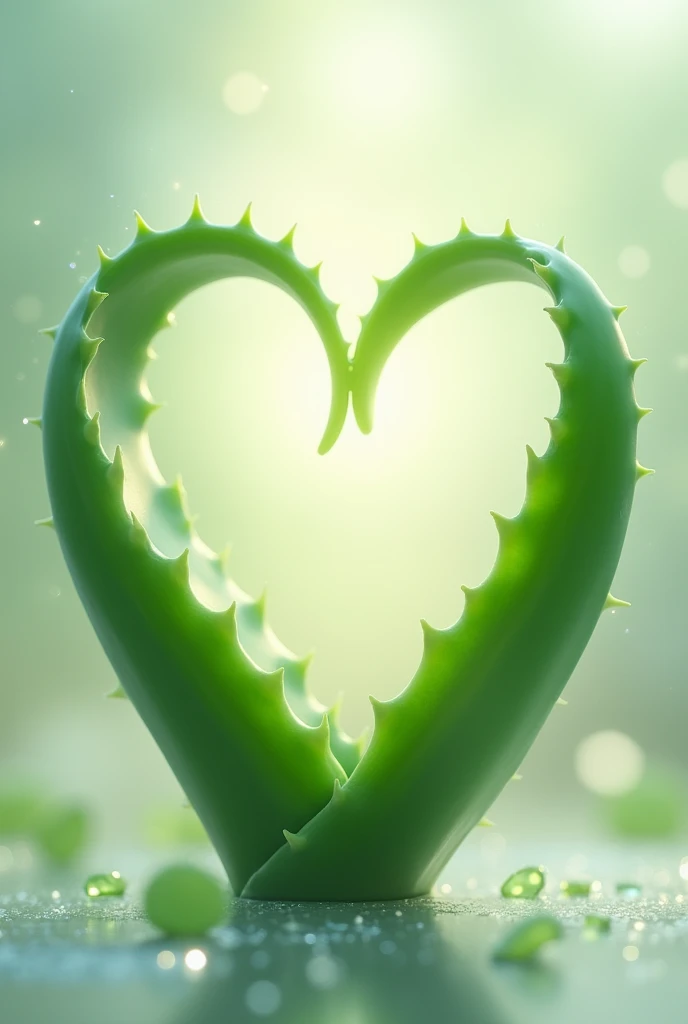 image of two large green juicy aloe vera leaves intertwined in the form of a heart surrounded by a sparkling halo naturalness and healthy shine on a light gentle background cosmetics 