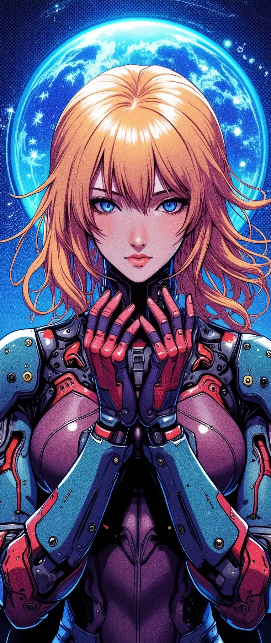 (masterpiece, best illustration,super detailed),( android woman),(front:2.0),( beautiful face),( beautiful eyes),( is looking ov...