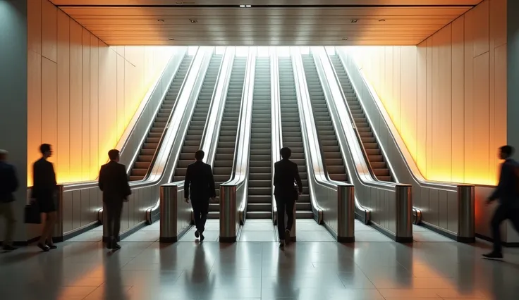 An subway station with escalators and with nice walls floors and turnstiles
