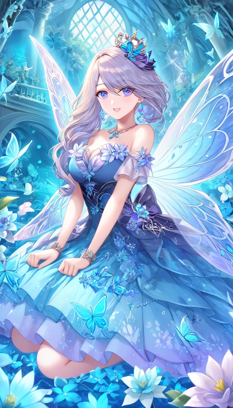 a beautiful and delicate hydrangea fairy with intricate butterfly-like wings adorned with vibrant blue and purple floral pattern...