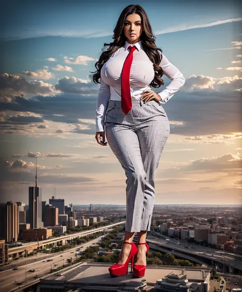 A group of sophisticated and stylish women in a grey pinstriped trouser suit, white shirt, and a large wide blue necktie in a windsor knot, with a beautiful, curvaceous figure, massive breasts, and long hair, with a curvaceous figure and massive breasts. w...