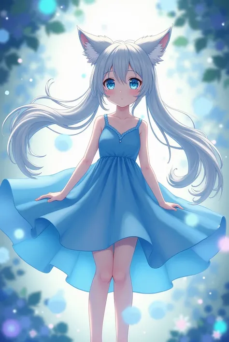 Blue eyes anime girl barefoot in a blue dress Twintails, Long Hair, Fox Ears