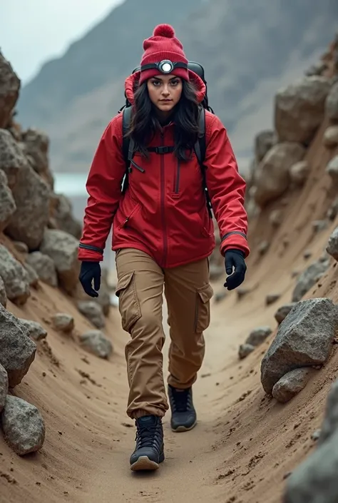 A real photo of a woman named Fika, aged 25, with shoulder-length wavy black hair and fair skin. She has a medium build, well-defined eyebrows, large black eyes, and a neutral expression. She  is  wearing a plain red winter jacket, brown cargo pant, red be...