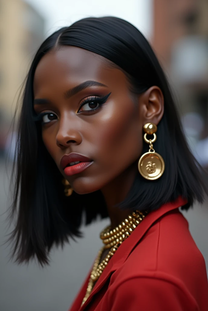 edgy black girl with sleek shoulder length jet black hair, cool gold jewelry, devious look on her face, has creative smokey eye makeup with red lipstick, background is the streets of Nairobi, 