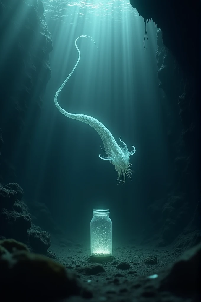 Extinct sea creature in deep ocean approaching towards a jar to enter in it