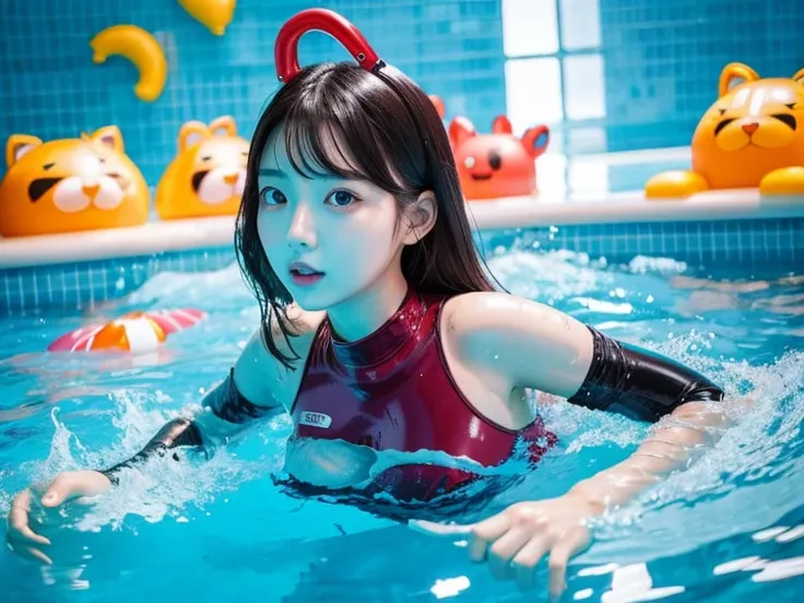 The Korean girl aged 25 is wearing a latex bodysuit and is in a large swimming pool with lots of inflatable swimming animals an inflatable animal is being stabbed right now