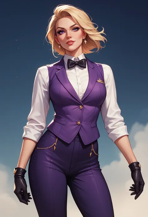  The image features a female character with a confident posture .  She wears a purple vest over a white shirt with a black bow tie and black gloves.  The set includes matching purple dress pants and white shoes . The hair is short and blonde ,  elegantly s...