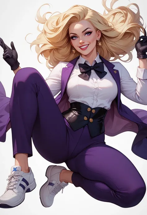  The image features a female character with a confident posture .  She wears a purple vest over a white shirt with a black bow tie and black gloves.  The set includes matching purple dress pants and white shoes . The hair is short and blonde ,  elegantly s...