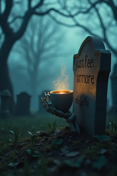 A spooky graveyard scene at dusk, with mist swirling around an old, weathered gravestone. The inscription on the gravestone reads "Just One More Coffee." Emerging from the ground, a skeletal hand clutches a steaming cup of coffee, with a faint glow illumin...