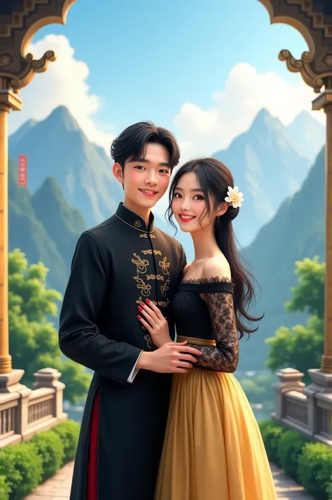 A young couple poses happily for a photo against a scenic backdrop of mountains and a clear blue sky. The man wears a traditional black outfit adorned with intricate gold patterns, while the woman is dressed in a black lace dress with a golden skirt. They ...