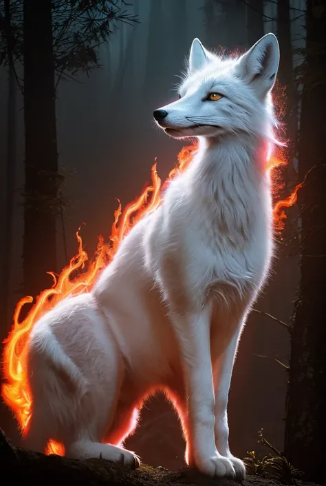 "A majestic white fox with intricate, glowing red tribal patterns on its fur, surrounded by swirling, multicolored flames that appear ethereal and vibrant. The fox has a sleek and muscular build, with sharp, intelligent eyes, and its posture exudes grace a...