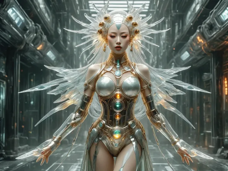 Futuristic native futurism, Actress Zhao Lusi plays the high-level cybernetic cyborg, Jade cyborg, Bikini, gigantic cleavage breasts:1.5, full body post, A beautiful young woman like Pan Jinlian, wear shorts and a hat walk street, the Japanese goddess of w...