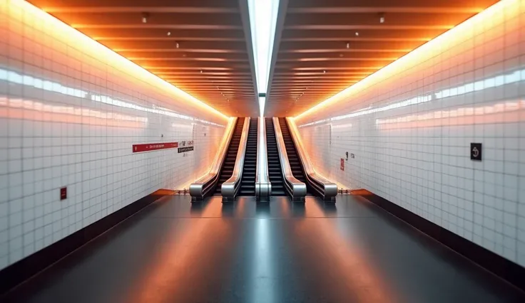 An new nice subway station with clean white tile walls with escalators with no people orange lighting and a clean black floor