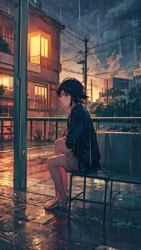 anime girl sitting on the balcony and staring at the city, rainy night, late night  it's raining , it is night and  it's raining...