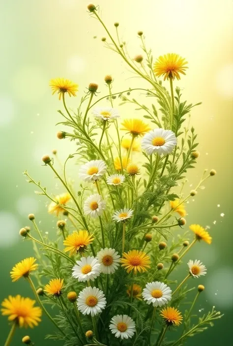 image of dandelion flowers of chamomile and green juicy leaves of field herbs intertwined in a whirlpool surrounded by a sparkling halo naturalness and healthy shine on a light gentle background cosmetics 