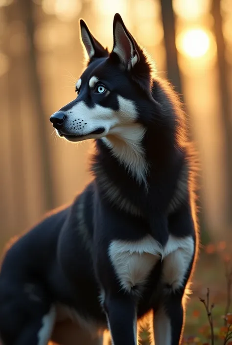 A hyper-realistic portrayal of a hybrid dog that seamlessly combines the traits of a Siberian Husky and a Doberman. This creature features the sharp, angular build and rust-black color palette of a Doberman, enhanced with the thick, luxurious fur and strik...