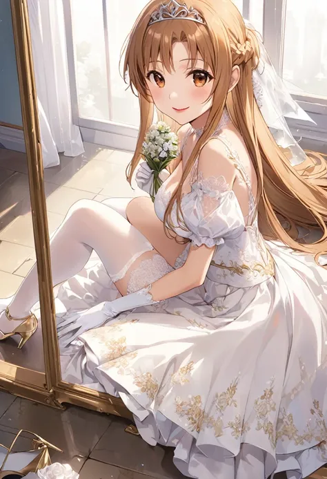  best quality、Super detailed、   Shirahu Panties     、Ultra-high-definition CG、８k size wallpaper、Production art、  Light Novel Illustration 、（１ girls sitting in a mirror )、 Asuna Yuki、Long Hair, bangs,  brown hair,    Brown Eyes   , very Long Hair,    Braide...