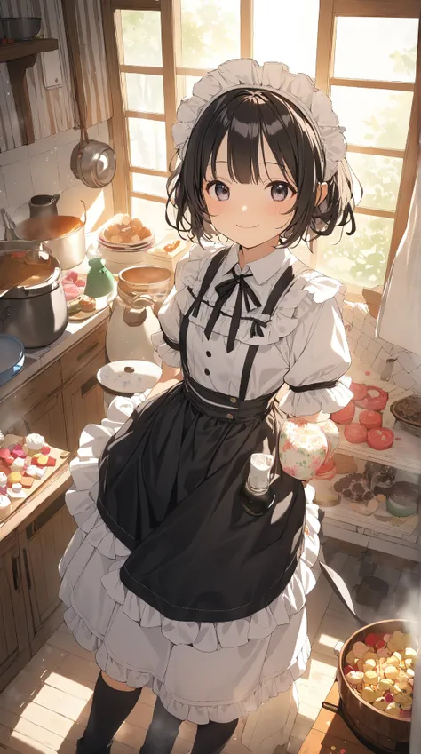 1 girl, ( cute face),  Short Hair, to many hairstyle,  Frilled Aprons ,  black dress,  Headdress with Ribbons,  knee-high socks, Absolute territory,  Pottery skin ,  small breasts, break, In the Warm Light , ( homely atmosphere :1.2),  Feeling Relieved , b...