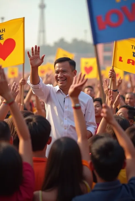 Smiling Filipino Politician, hand raised, surrounded by a crowd of adoring citizens with banners that read “Thank you leader” and “we love you” 