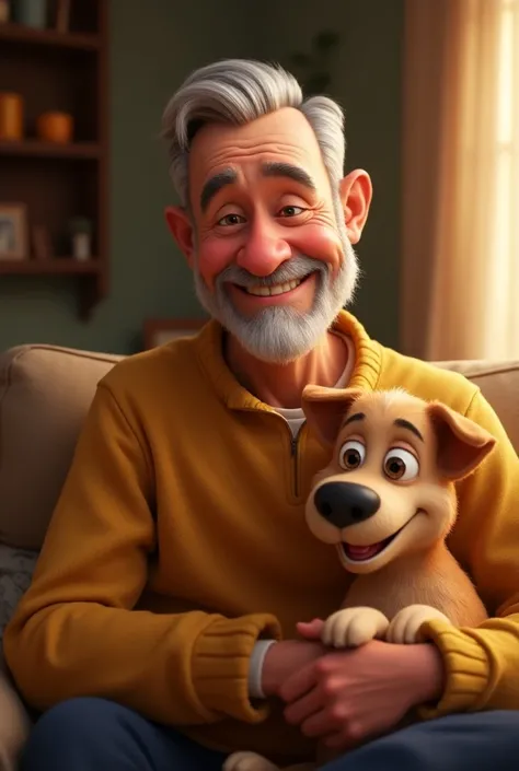 A very clear ultra HD image of "A 60 years old man in home, with a dog, very cute expression, Pixar style cartoon."